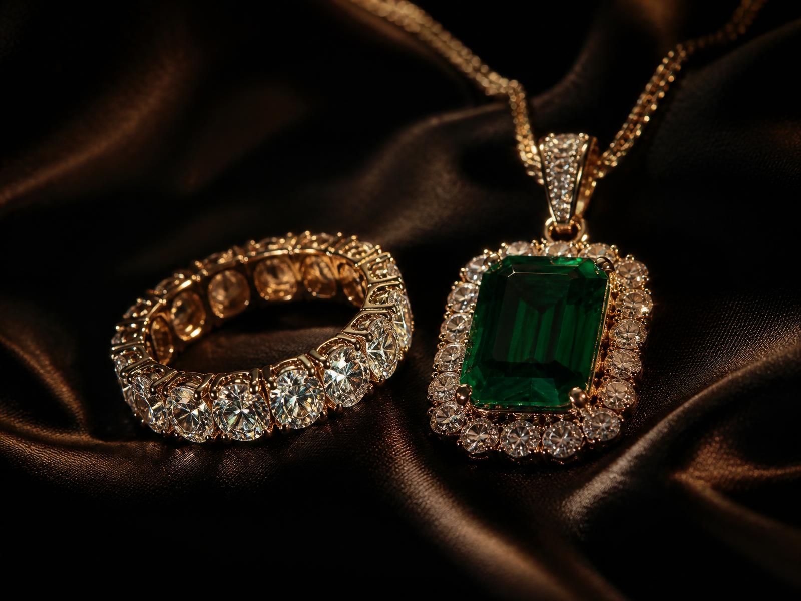 Diamond eternity ring and emerald pendant on black satin